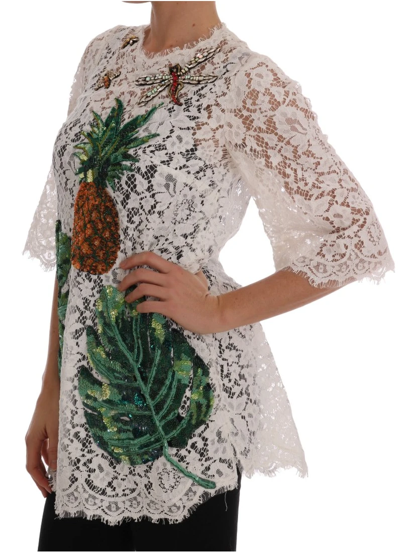 White Crystal Embellished Lace Blouse