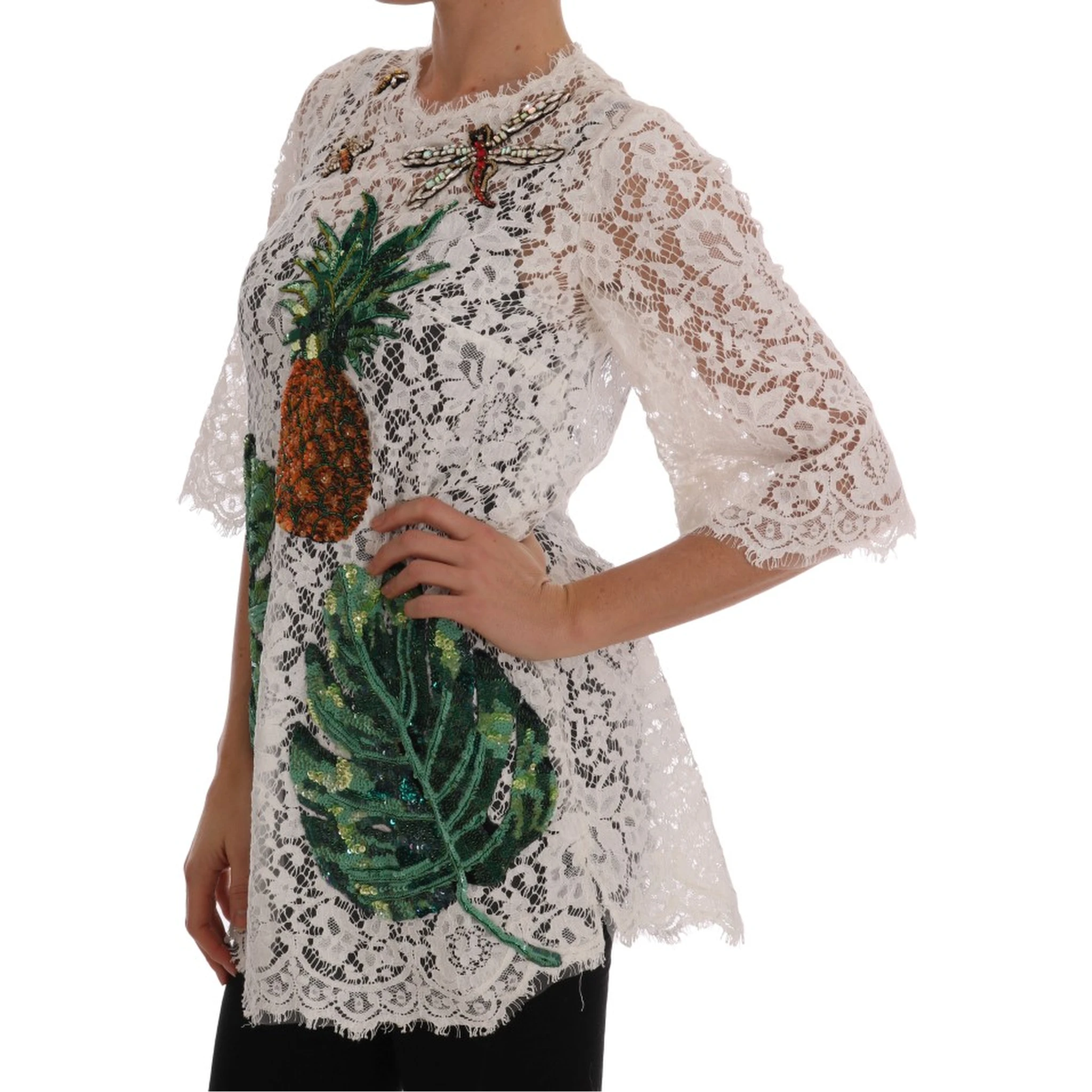 White Crystal Embellished Lace Blouse
