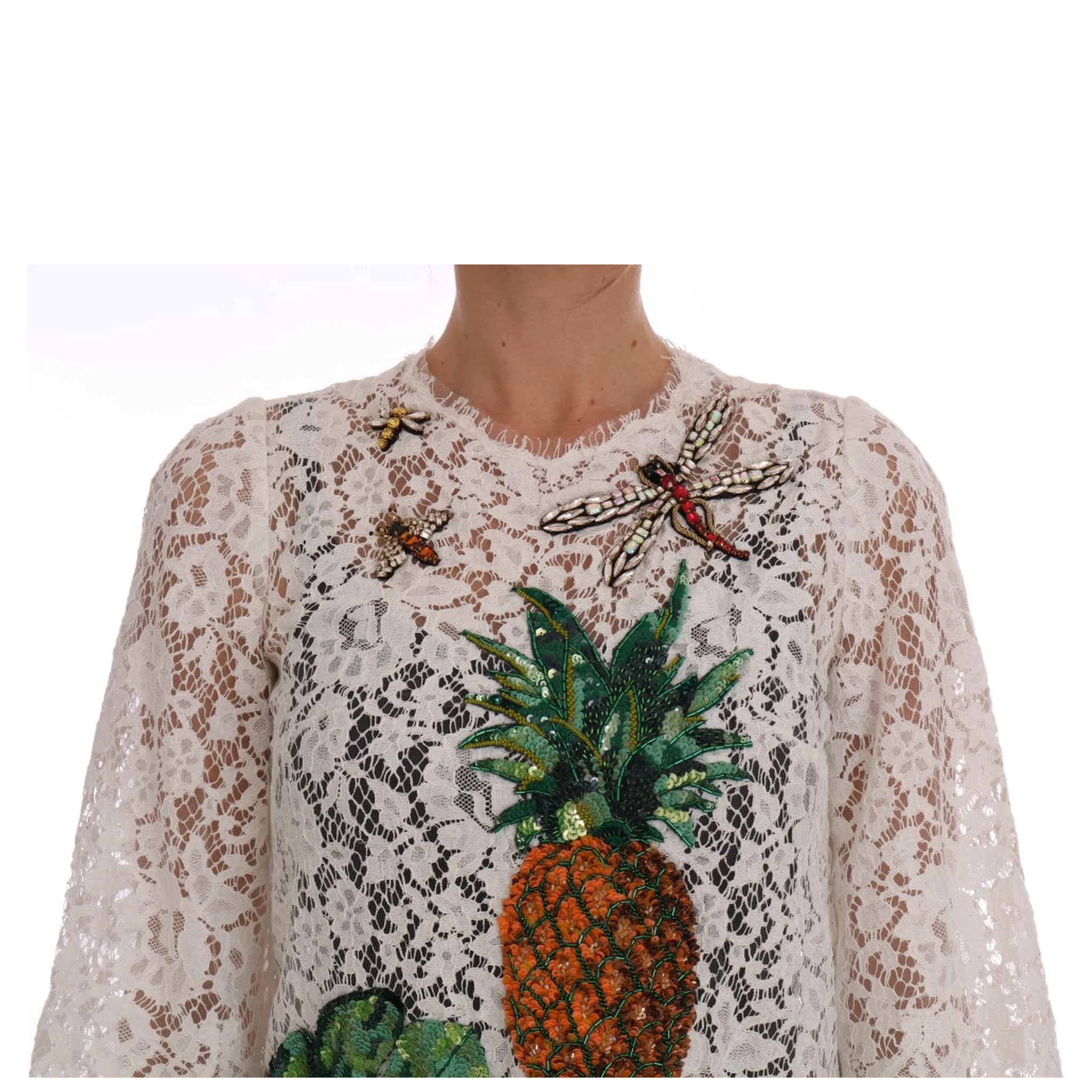 White Crystal Embellished Lace Blouse