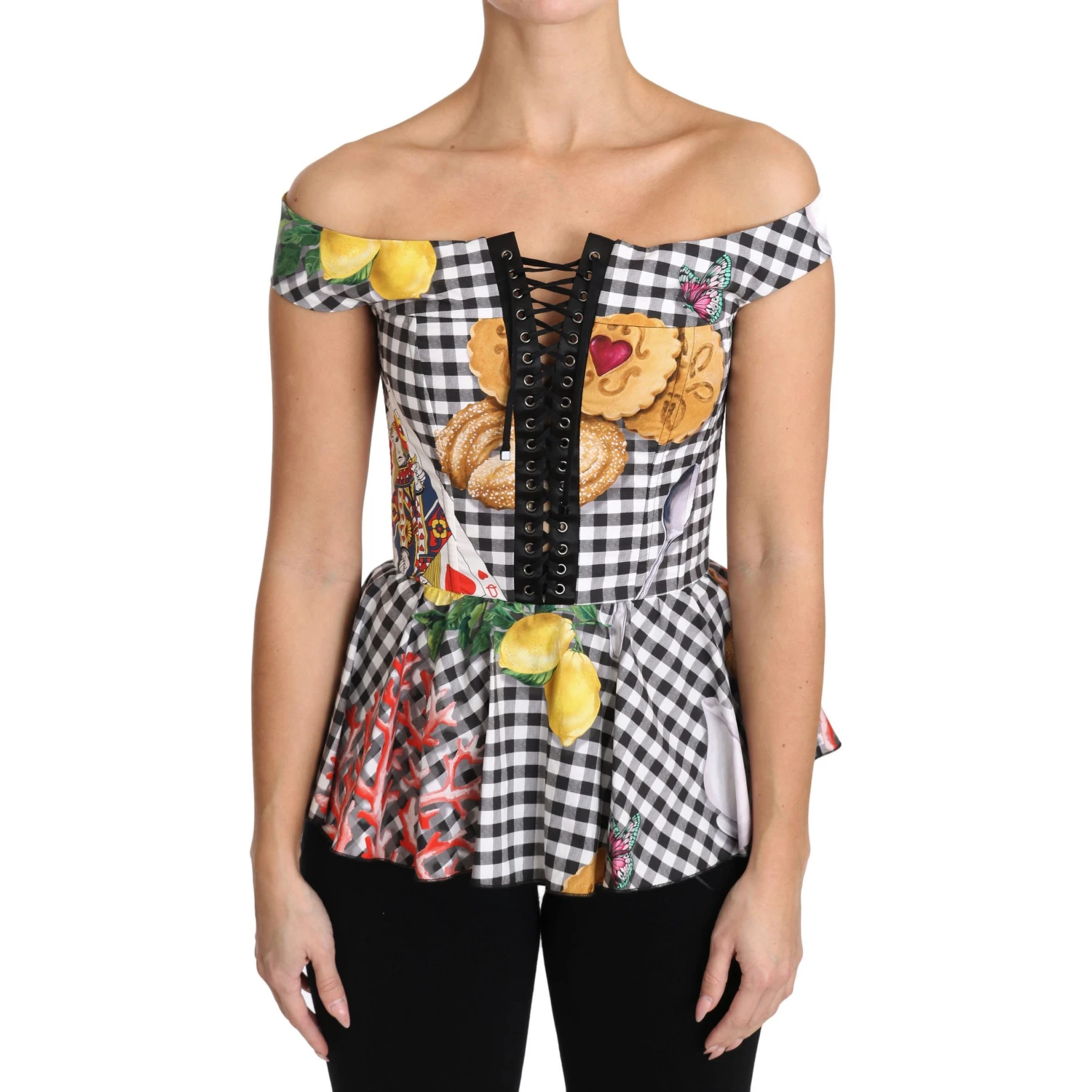 Black and White Corset Blouse Sicily Lemon Check Top