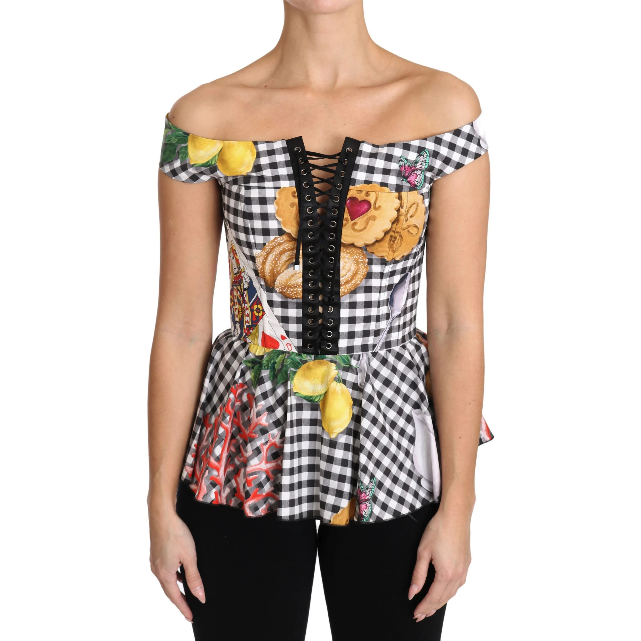 Black and White Corset Blouse Sicily Lemon Check Top