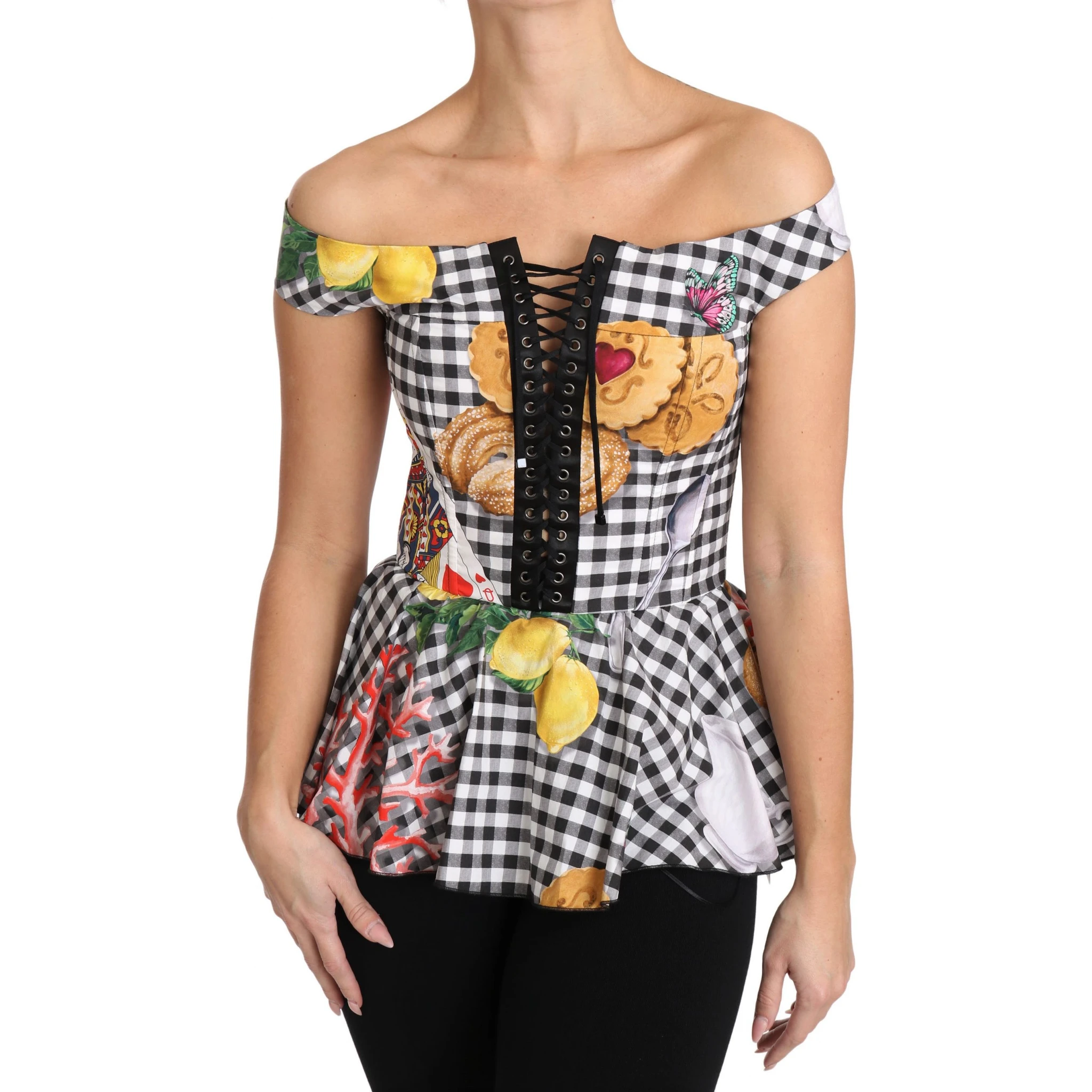 Black and White Corset Blouse Sicily Lemon Check Top