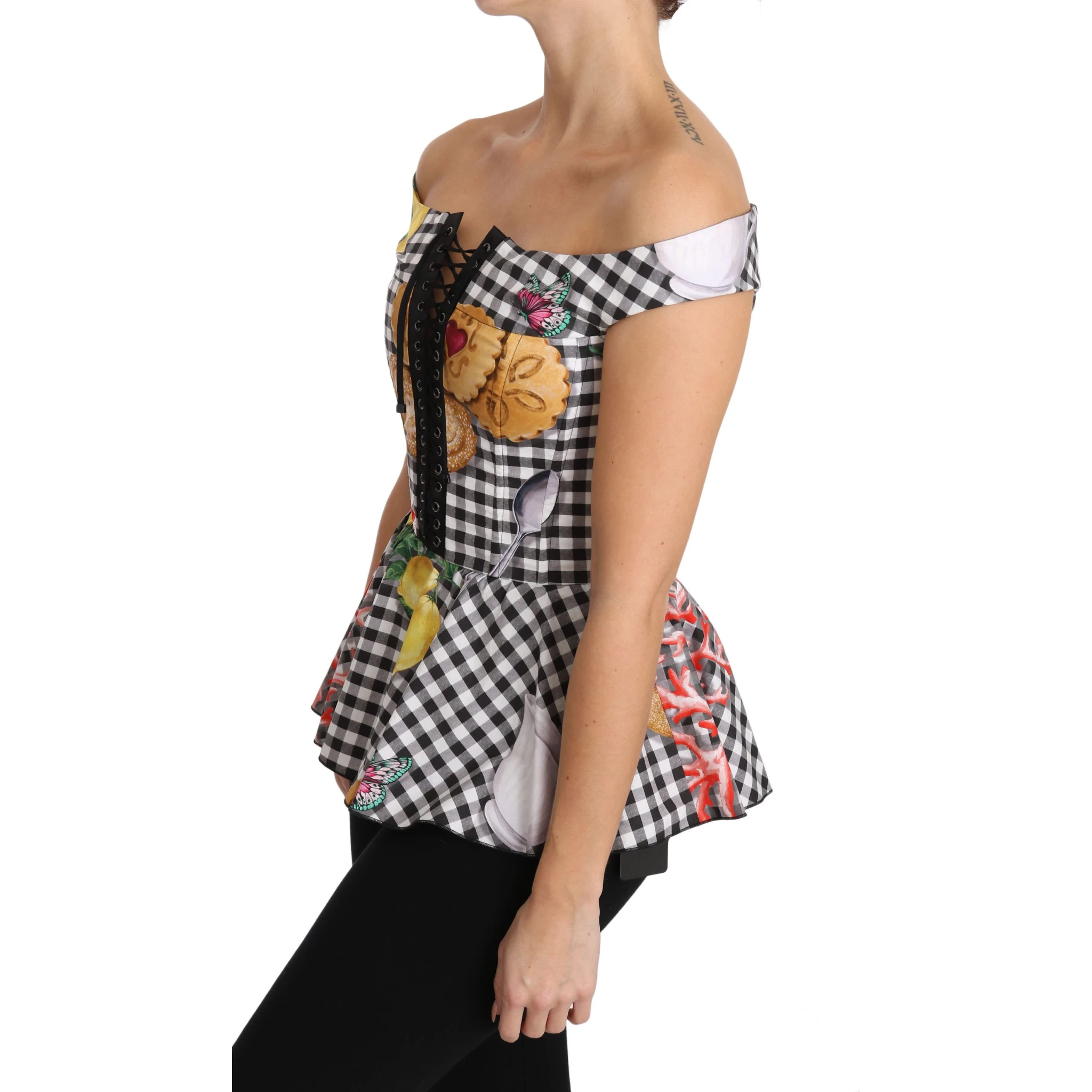 Black and White Corset Blouse Sicily Lemon Check Top