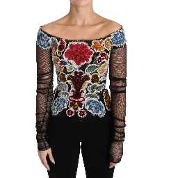 Black Floral Ricamo Top T-shirt Blouse