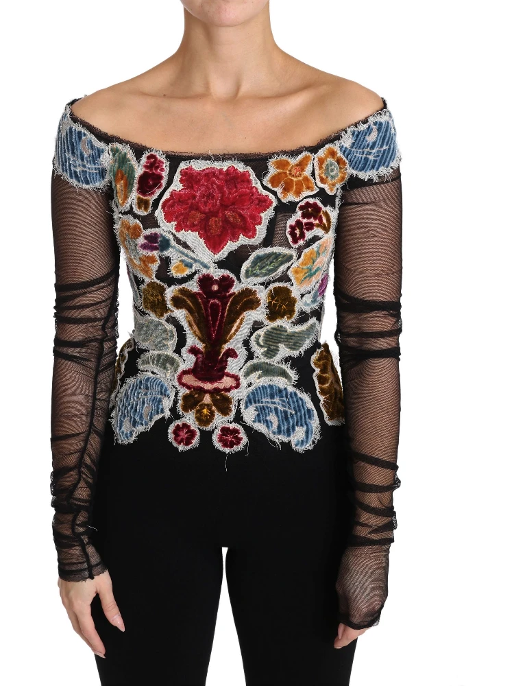 Black Floral Ricamo Top T-shirt Blouse