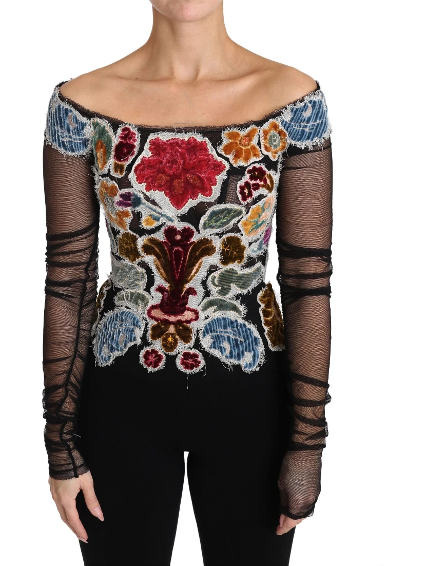 Black Floral Ricamo Top T-shirt Blouse
