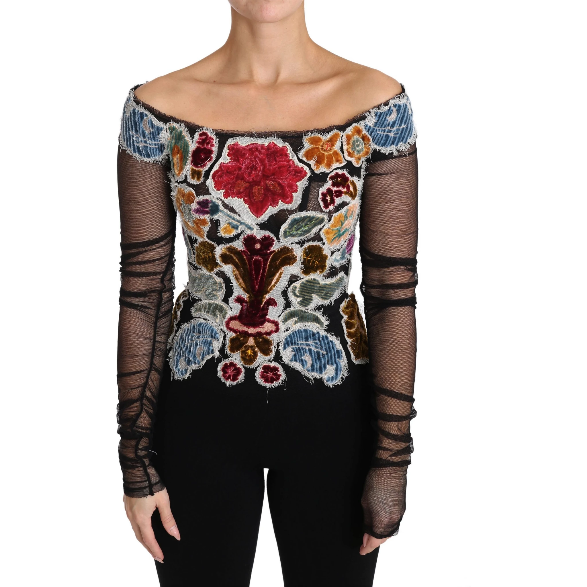 Black Floral Ricamo Top T-shirt Blouse