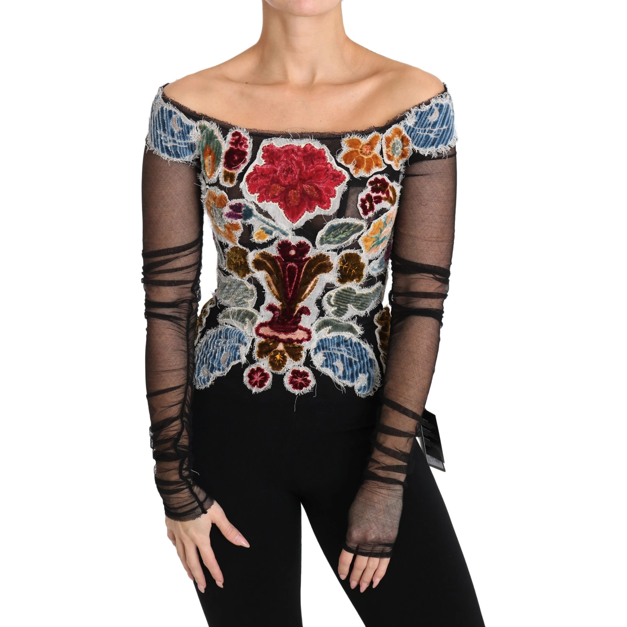 Black Floral Ricamo Top T-shirt Blouse