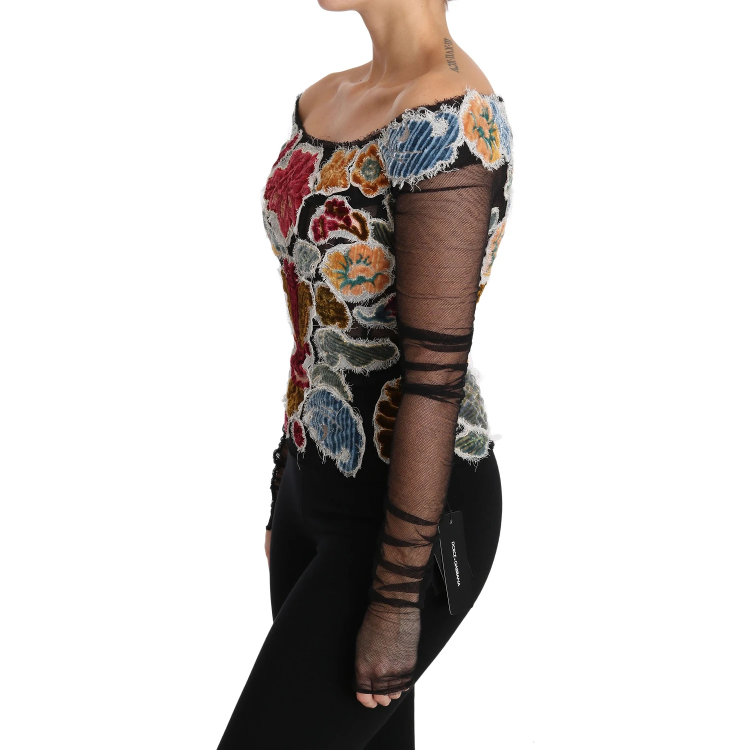 Black Floral Ricamo Top T-shirt Blouse