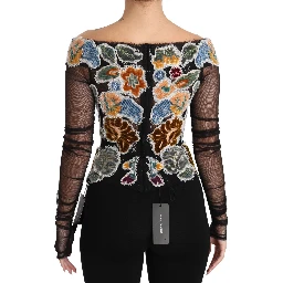 Black Floral Ricamo Top T-shirt Blouse