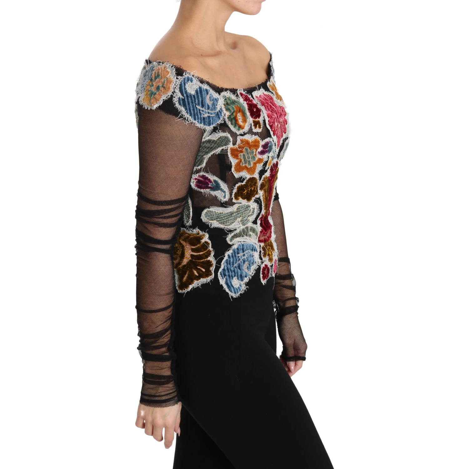 Black Floral Ricamo Top T-shirt Blouse