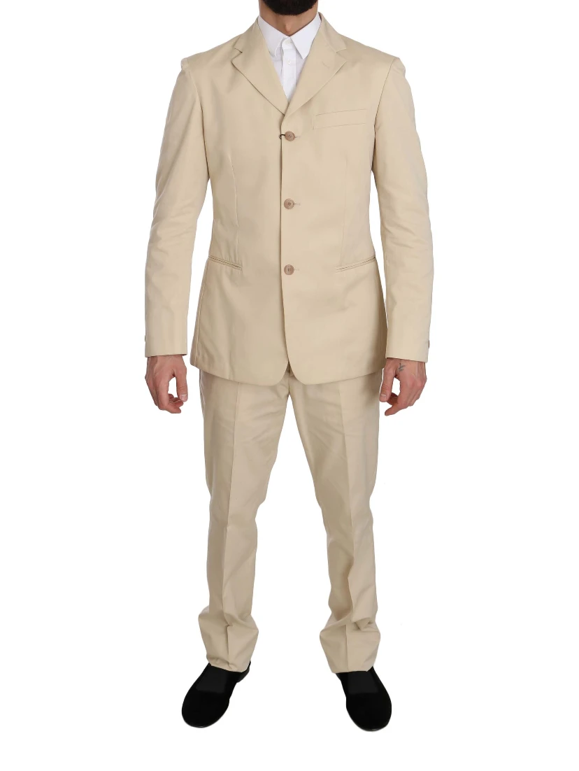 Two Piece 3 Button Beige Cotton Solid Suit