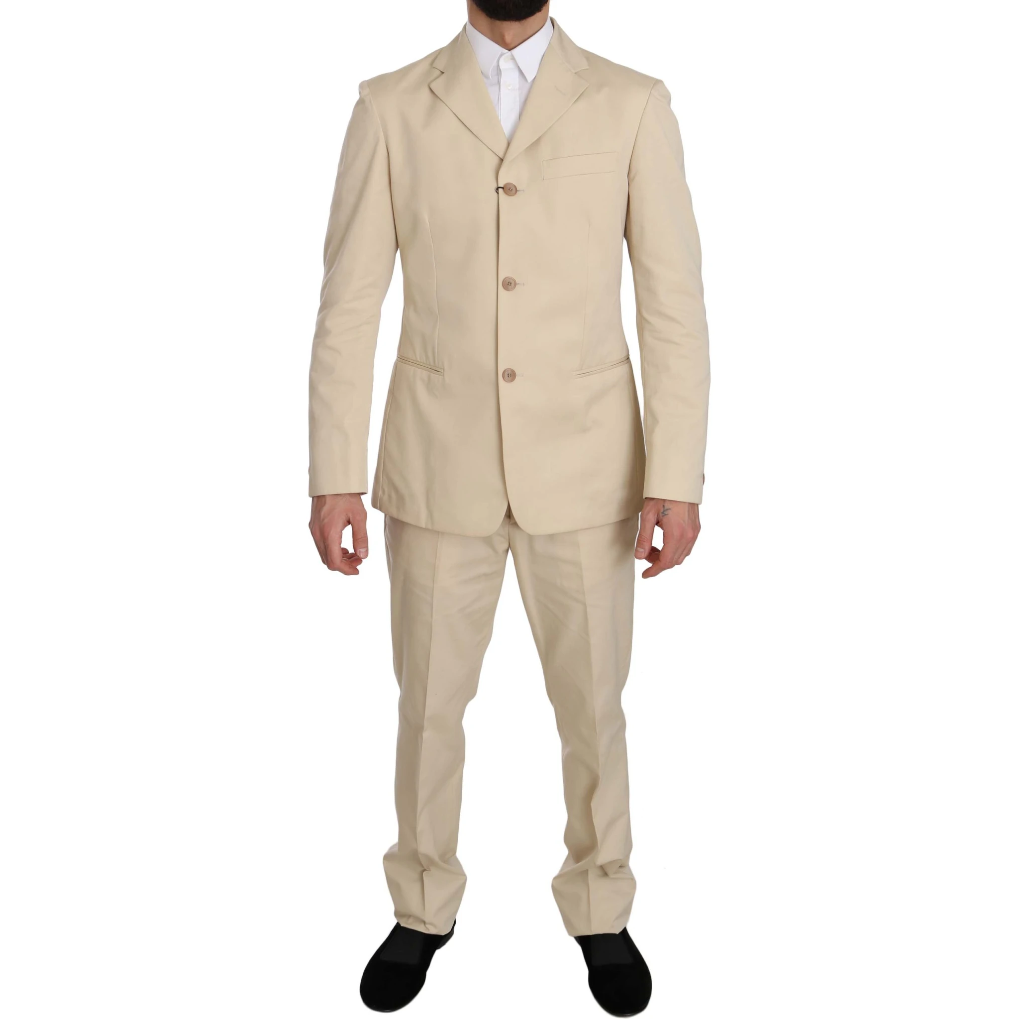 Two Piece 3 Button Beige Cotton Solid Suit