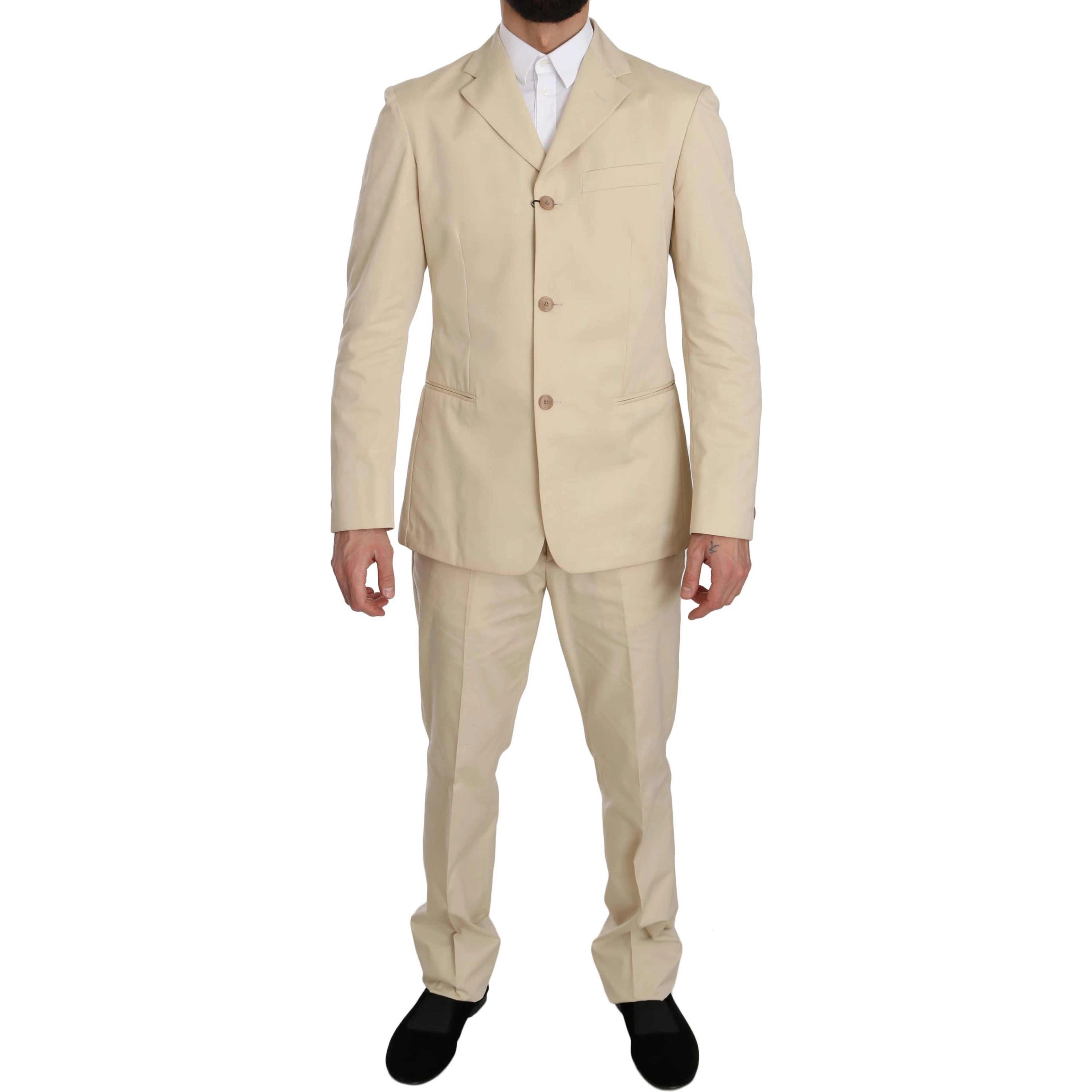 Two Piece 3 Button Beige Cotton Solid Suit