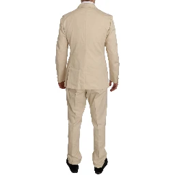 Two Piece 3 Button Beige Cotton Solid Suit