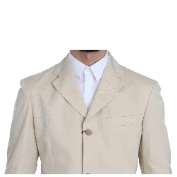 Two Piece 3 Button Beige Cotton Solid Suit