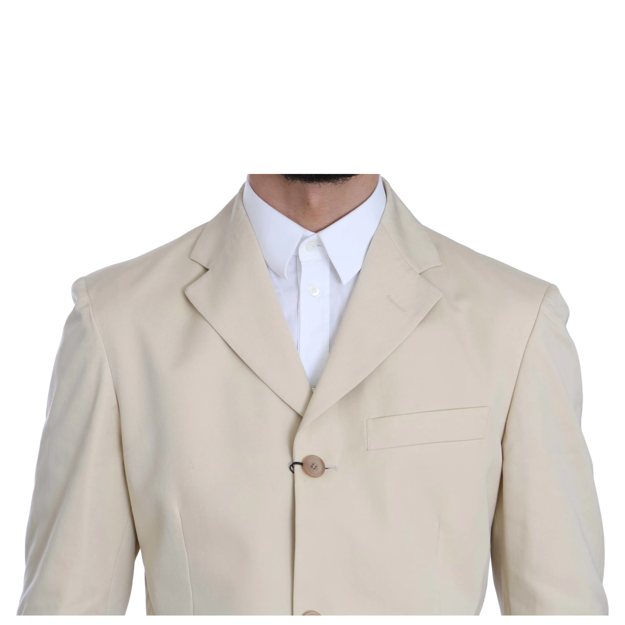 Two Piece 3 Button Beige Cotton Solid Suit