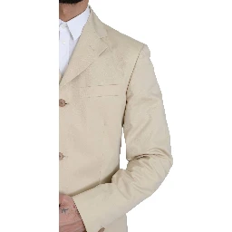 Two Piece 3 Button Beige Cotton Solid Suit