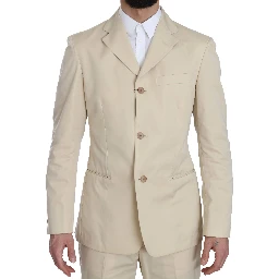 Two Piece 3 Button Beige Cotton Solid Suit