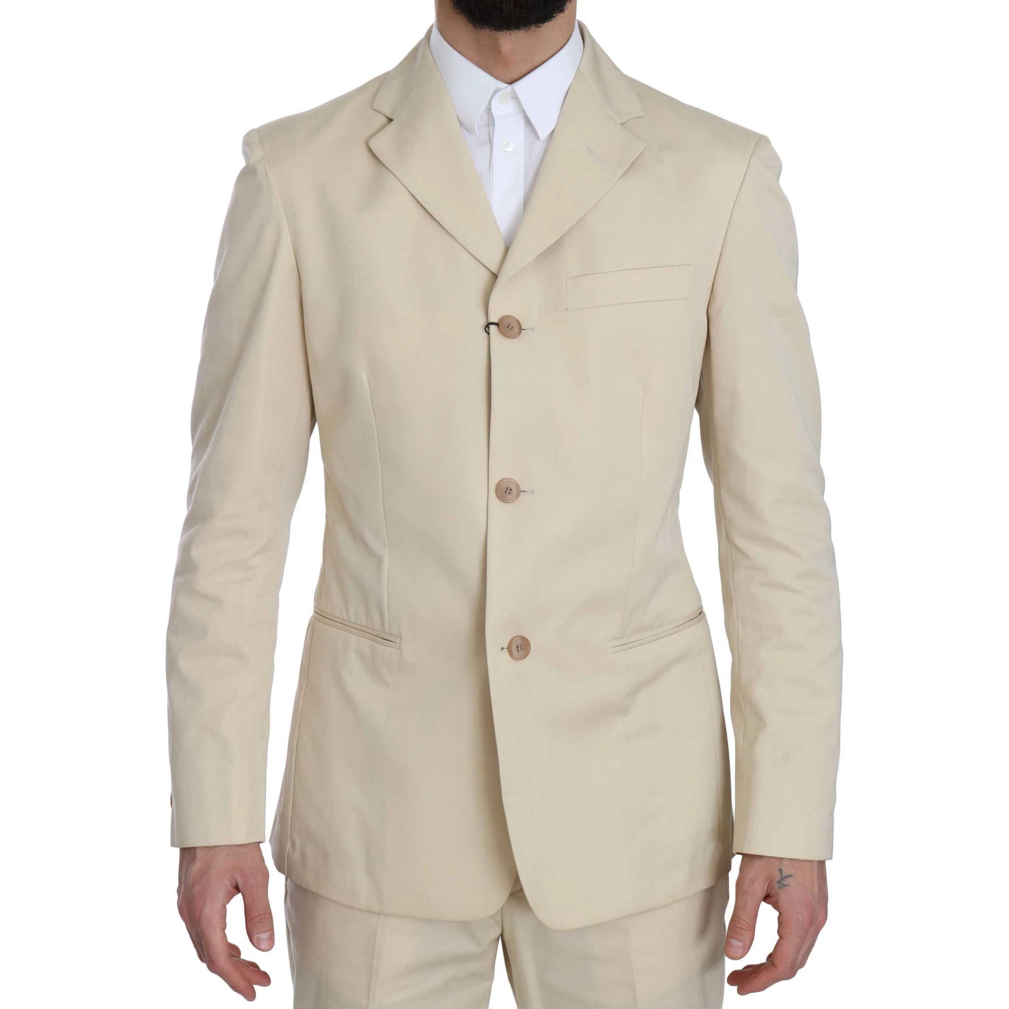 Two Piece 3 Button Beige Cotton Solid Suit