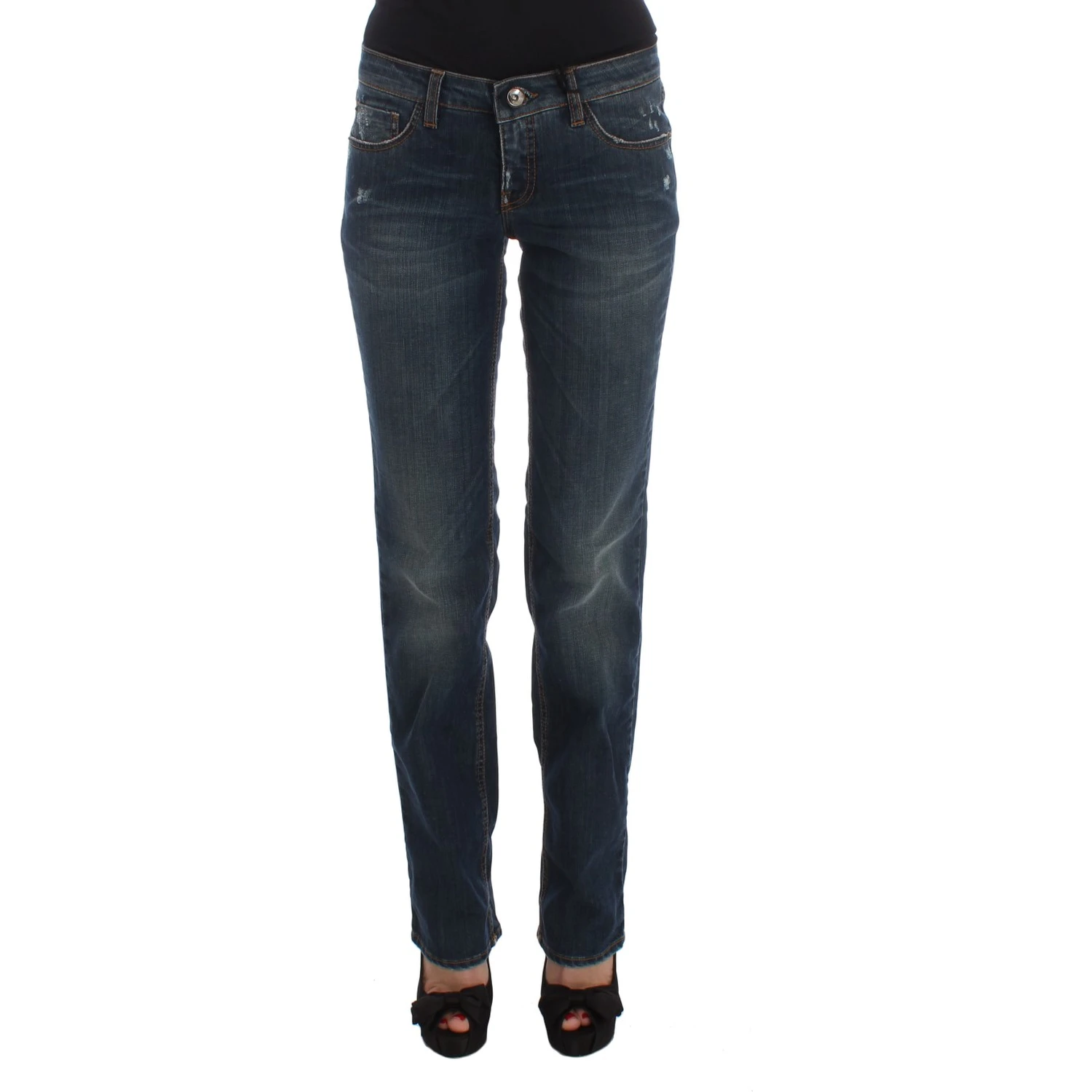 Blue Cotton Blend Bootcut Jeans