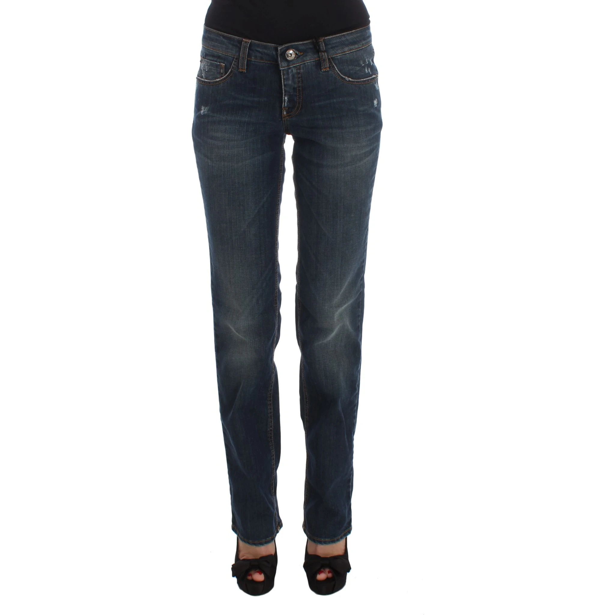 Blue Cotton Blend Bootcut Jeans