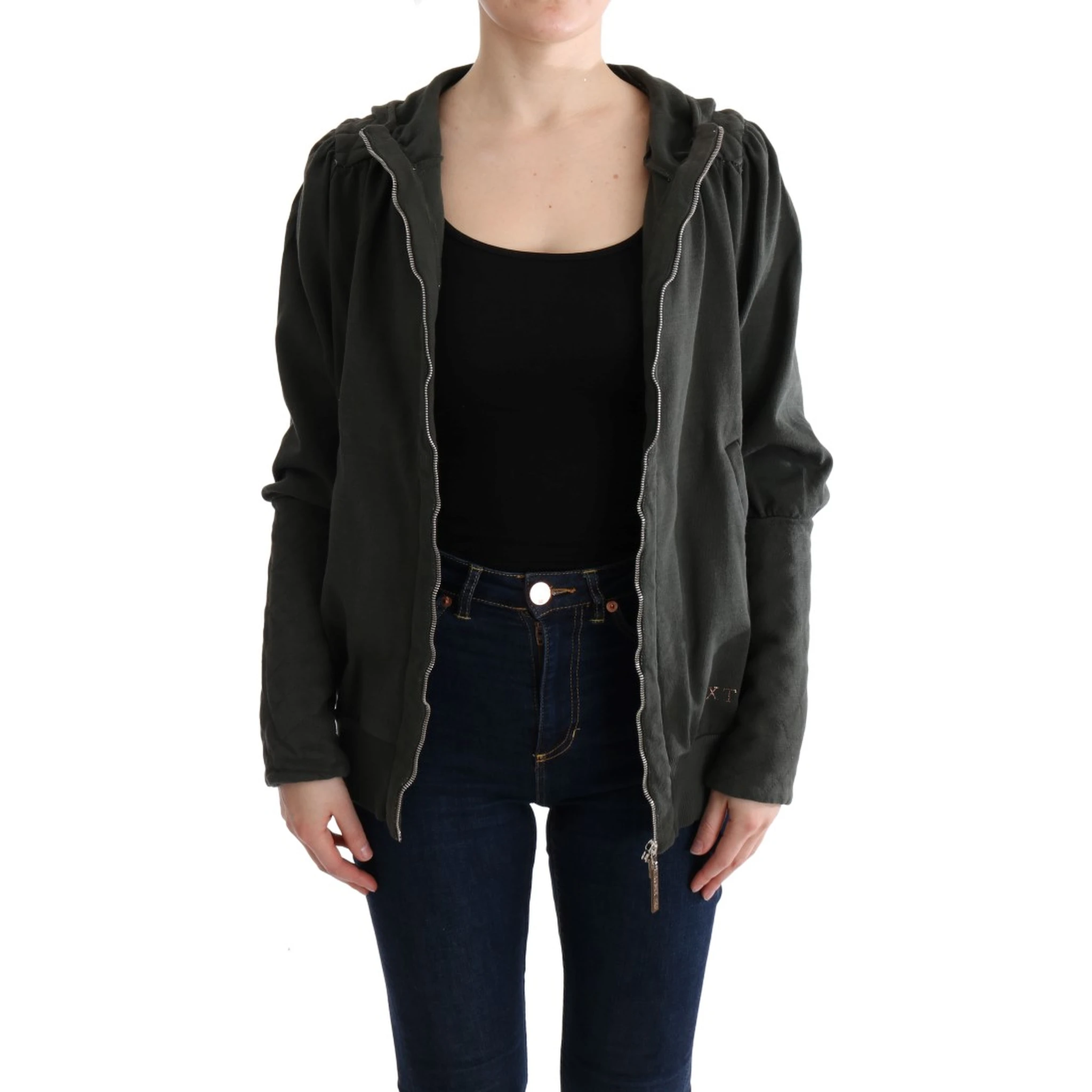 Gray Top Hooded Cotton Zipper Sweater