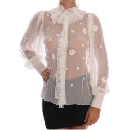 White Daisy Applique Silk Shirt