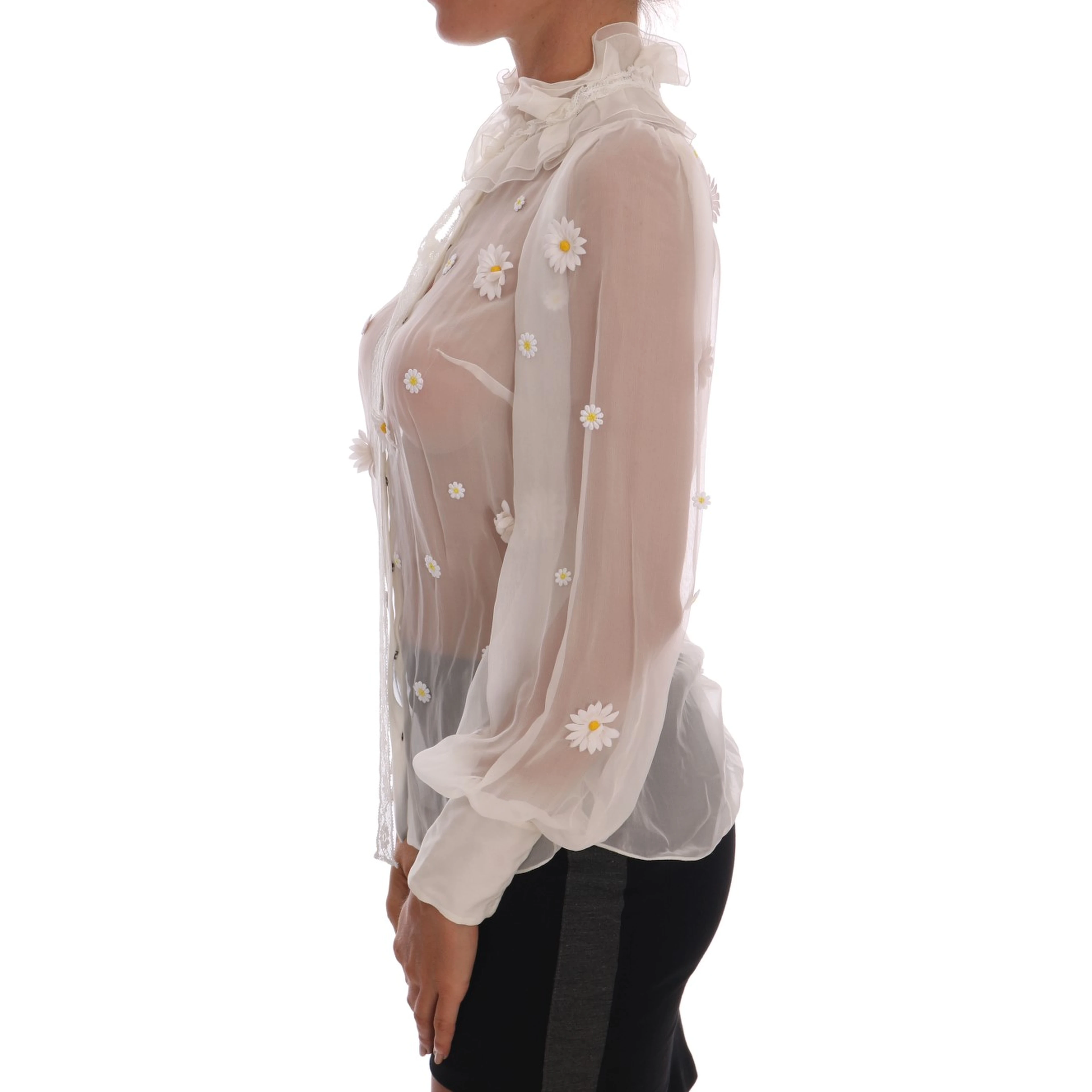 White Daisy Applique Silk Shirt