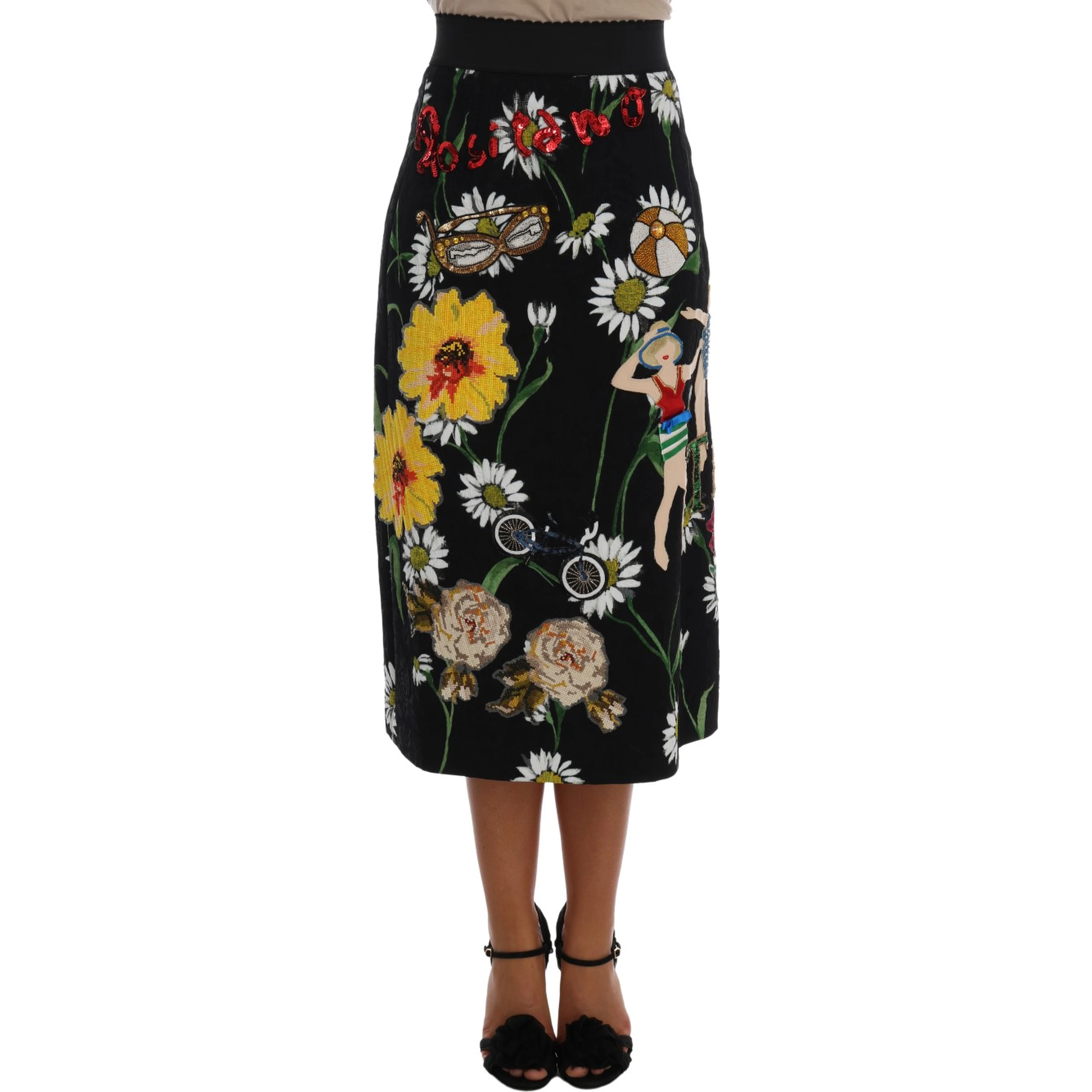 Black Embellished Daisy Brocade Skirt