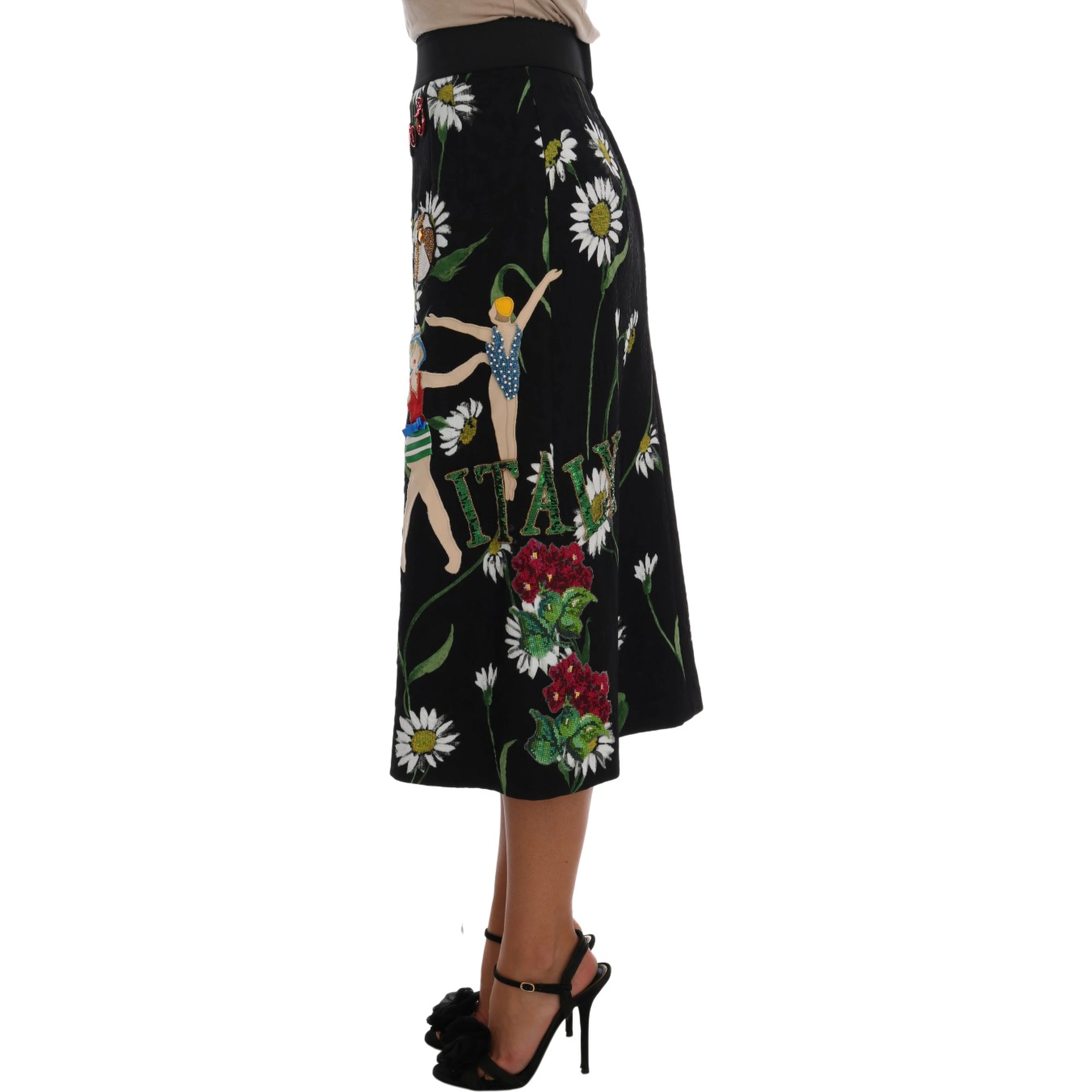 Black Embellished Daisy Brocade Skirt