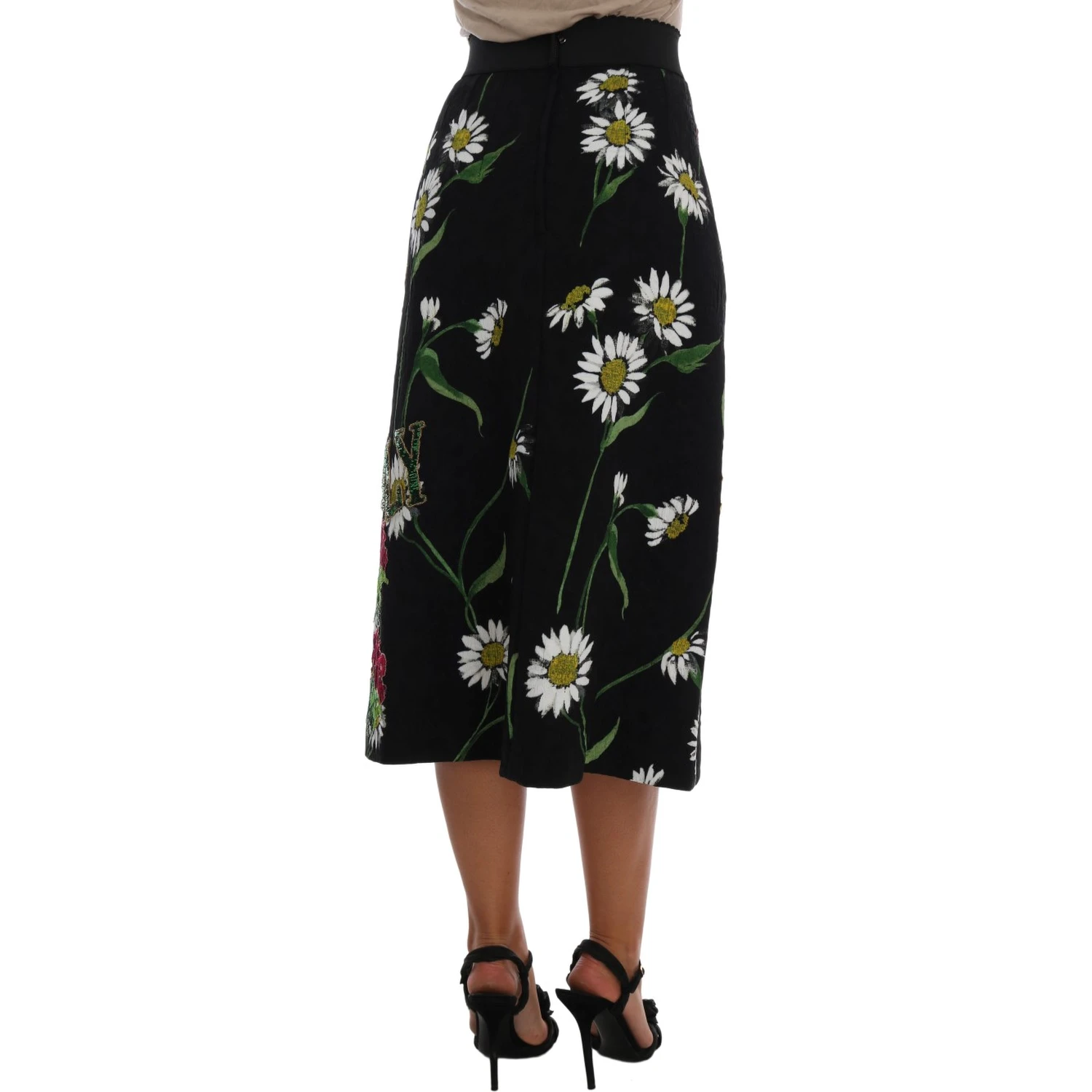 Black Embellished Daisy Brocade Skirt