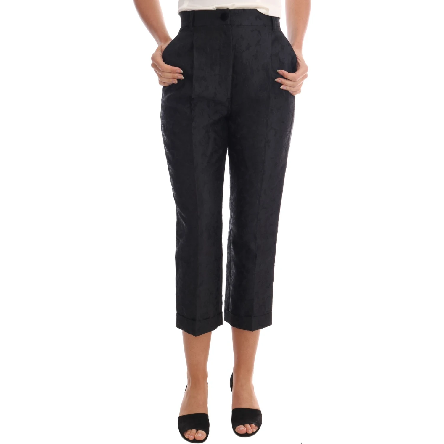 Black Floral Brocade Capri Pants