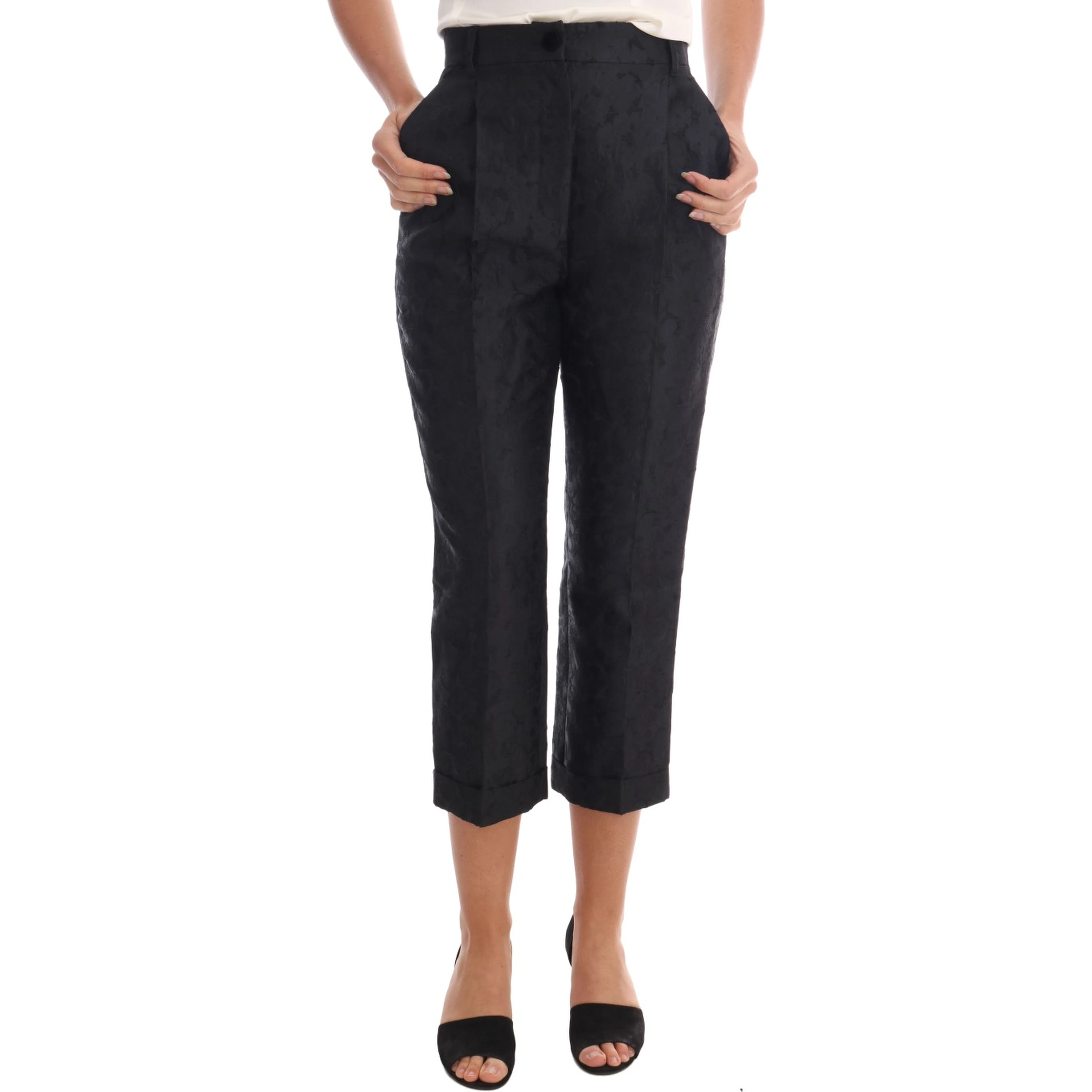 Black Floral Brocade Capri Pants