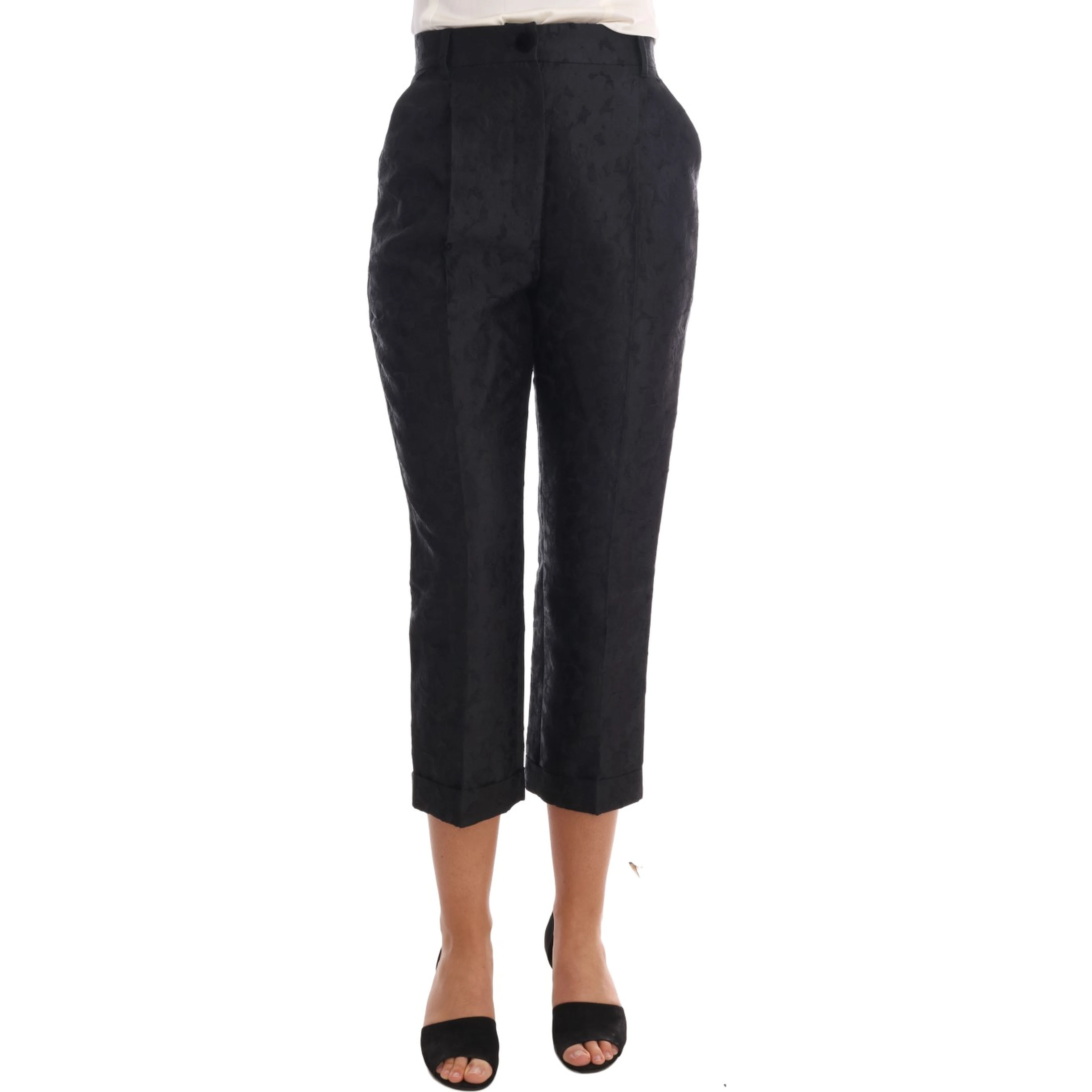 Black Floral Brocade Capri Pants