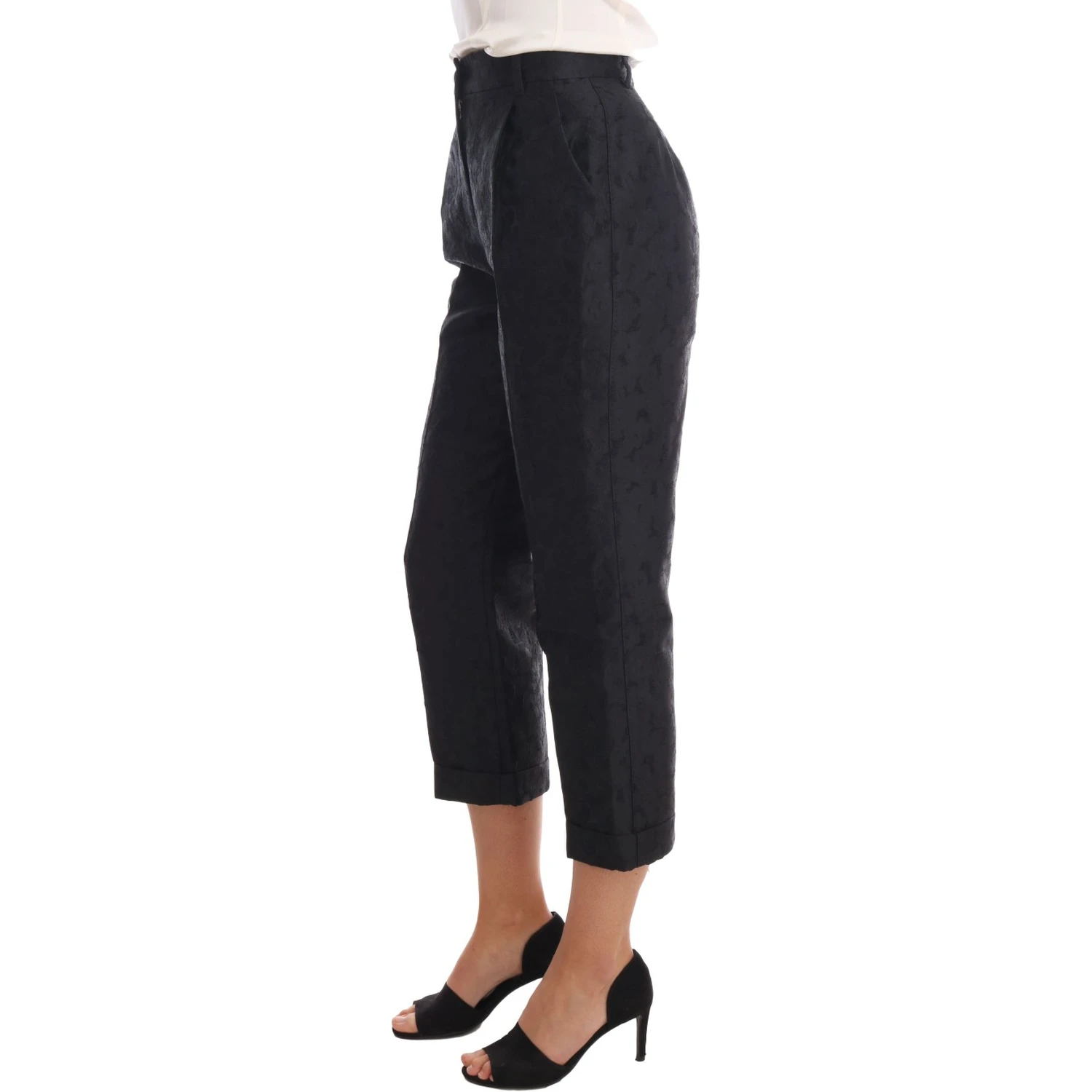 Black Floral Brocade Capri Pants