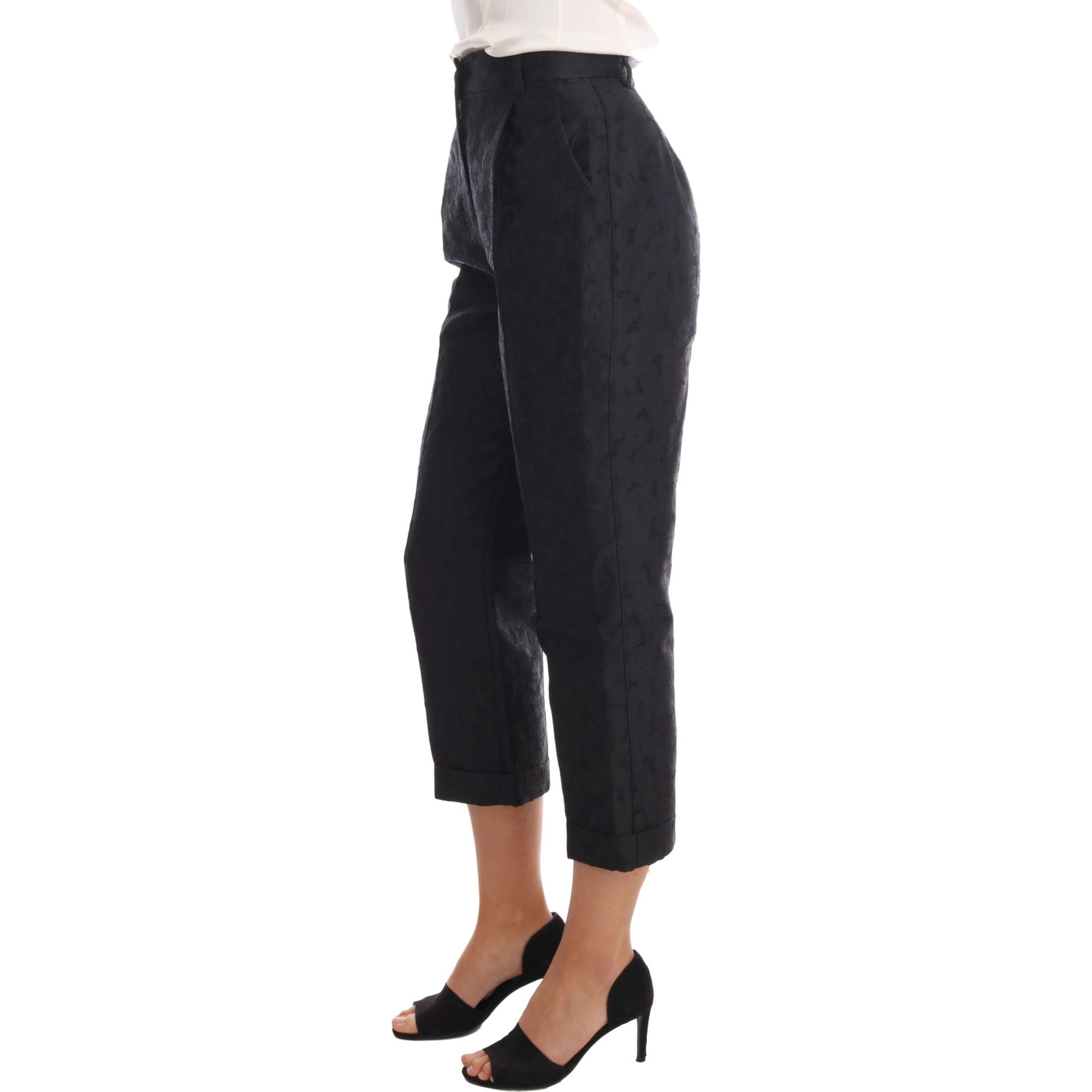Black Floral Brocade Capri Pants