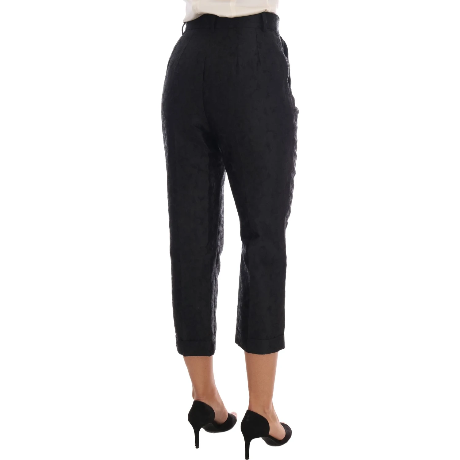 Black Floral Brocade Capri Pants