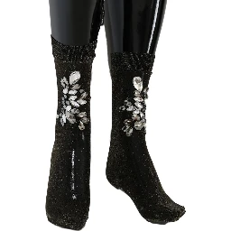Black Stretch Floral Clear Crystal Socks