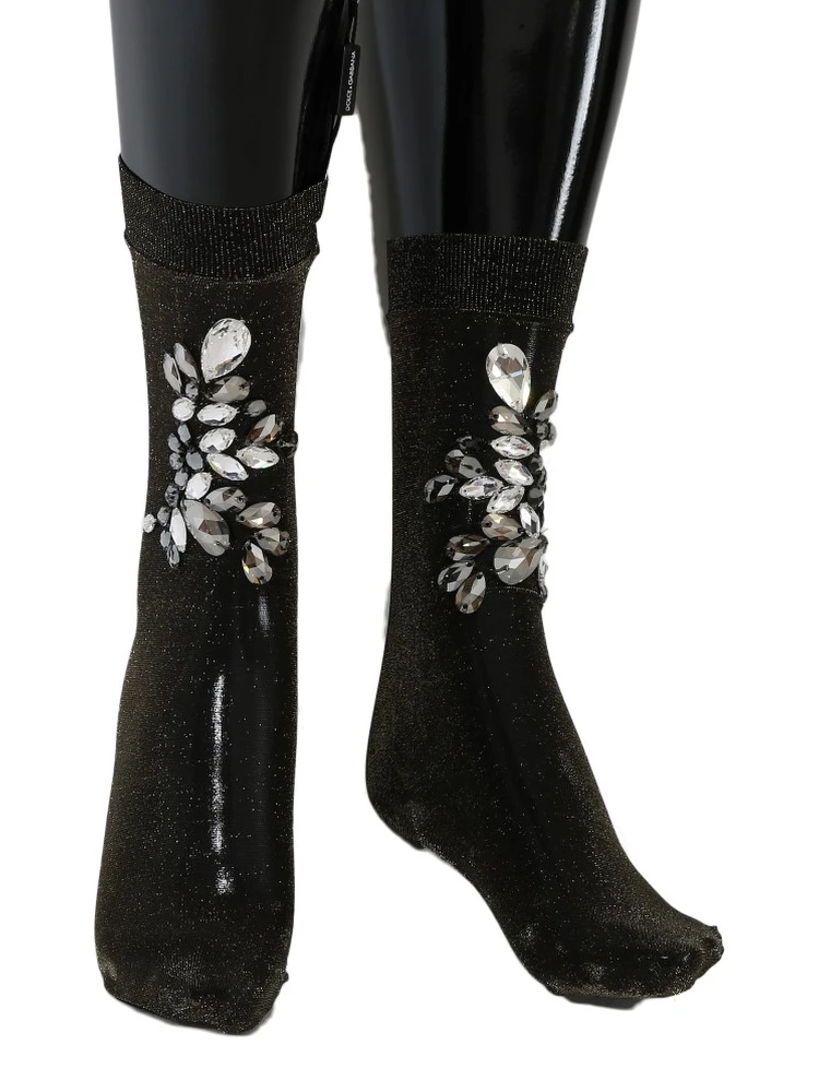 Black Stretch Floral Clear Crystal Socks