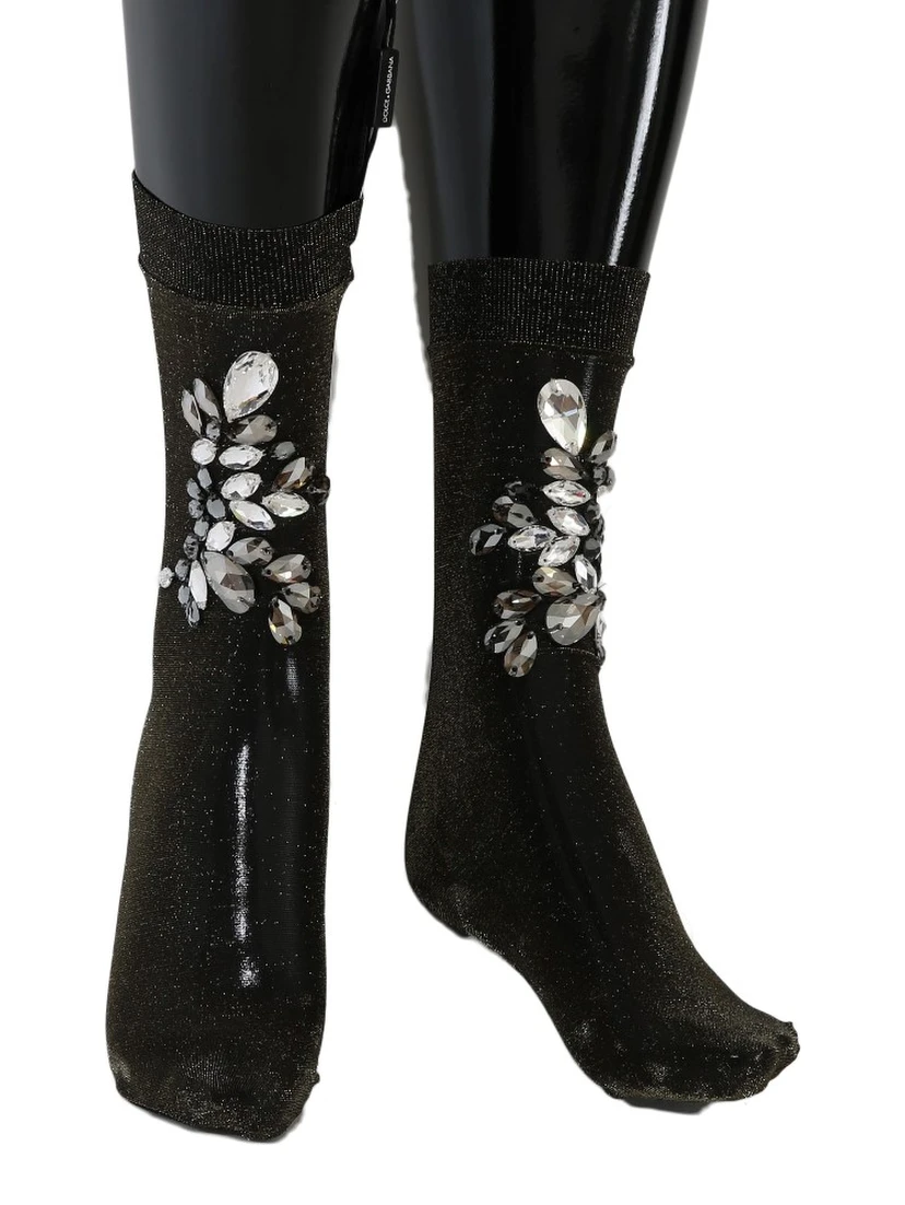 Black Stretch Floral Clear Crystal Socks