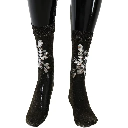 Black Stretch Floral Clear Crystal Socks