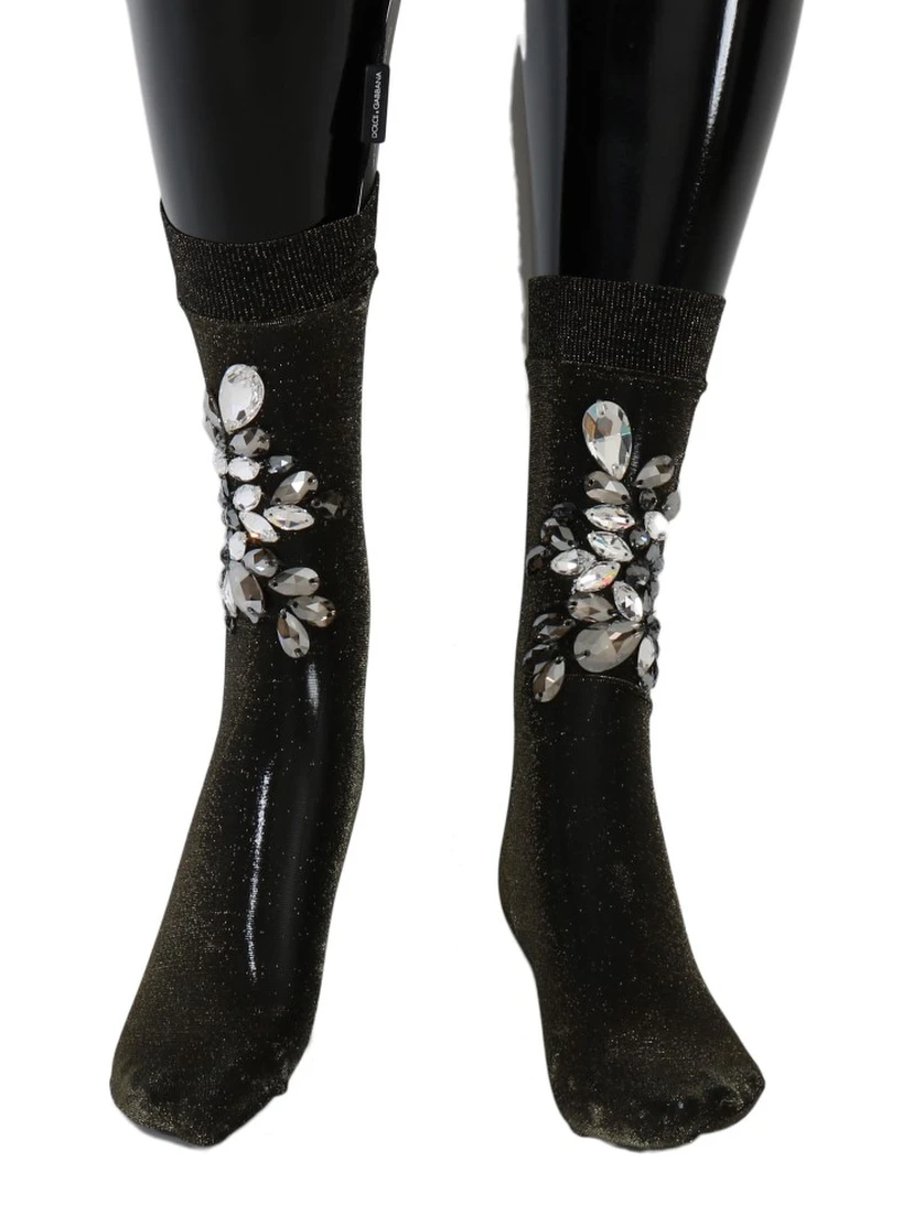 Black Stretch Floral Clear Crystal Socks