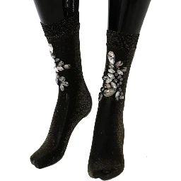 Black Stretch Floral Clear Crystal Socks