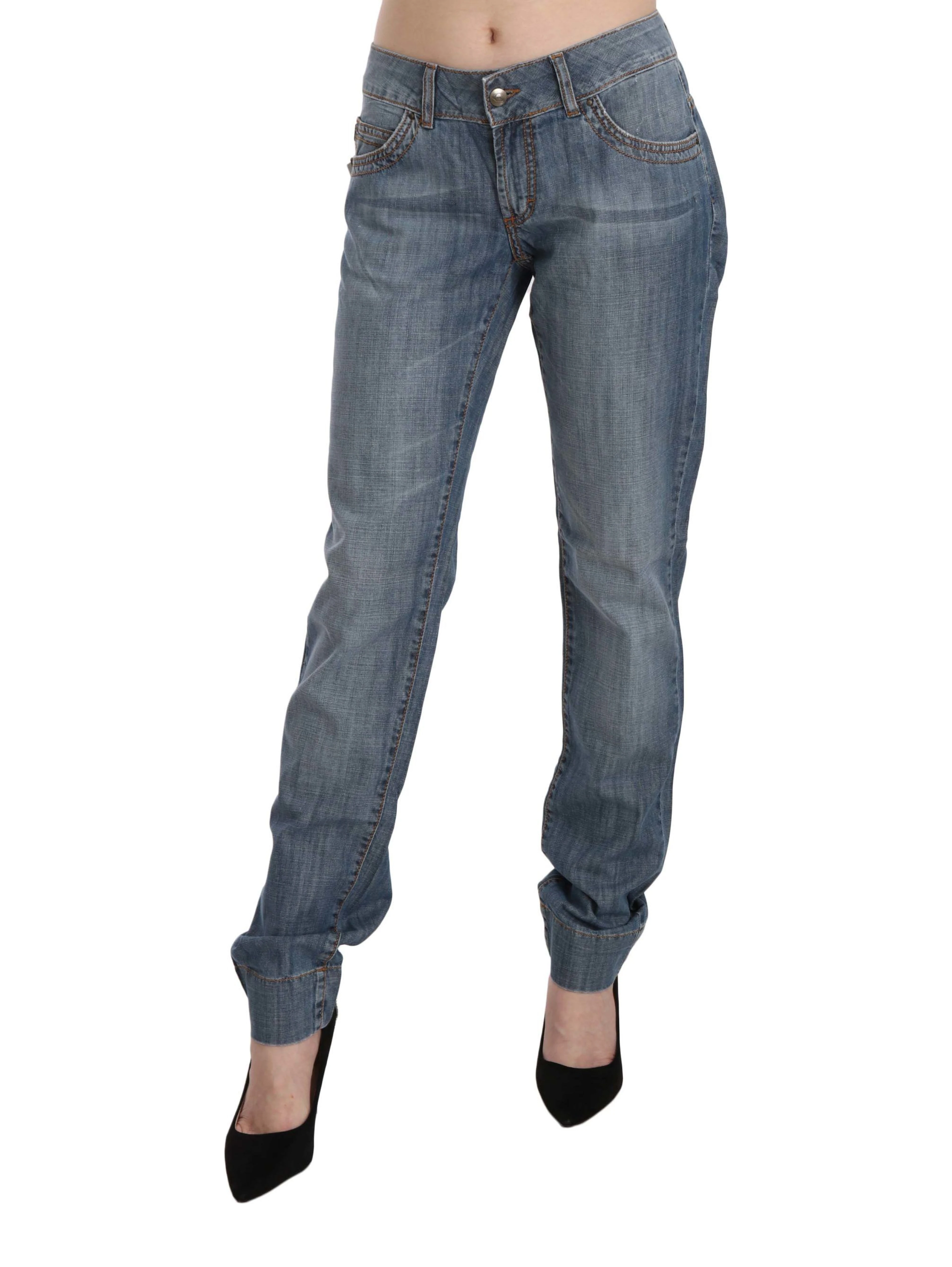 Blue Washed Cotton Low Waist Slim Fit Denim Pants