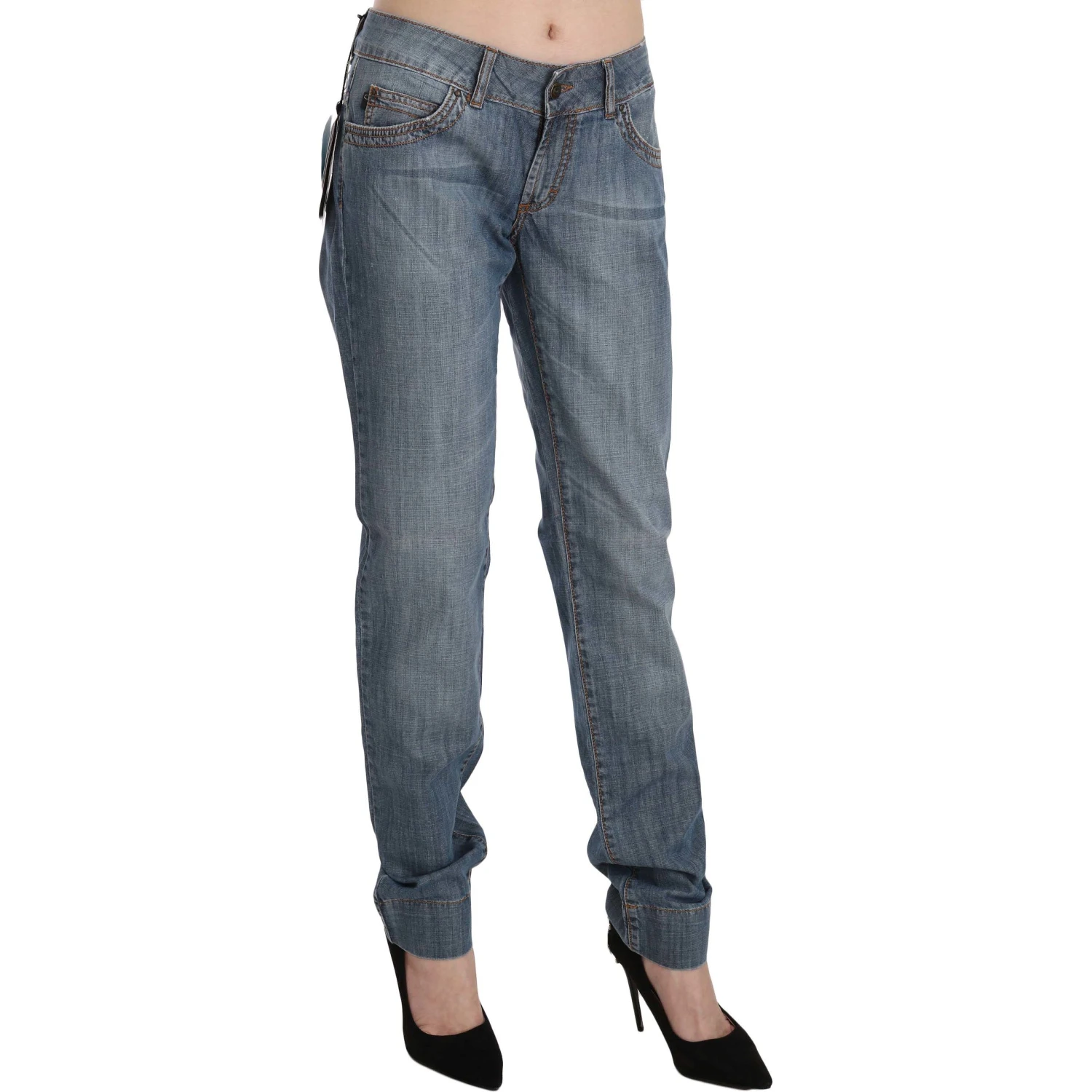 Blue Washed Cotton Low Waist Slim Fit Denim Pants