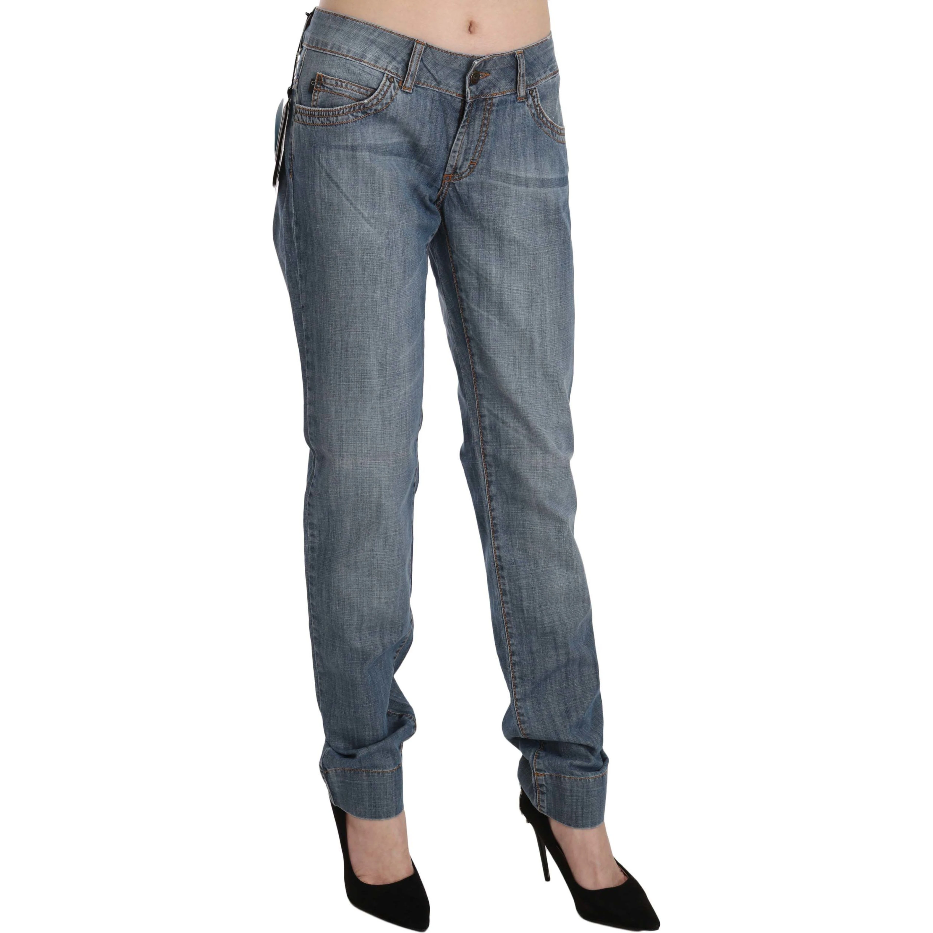 Blue Washed Cotton Low Waist Slim Fit Denim Pants