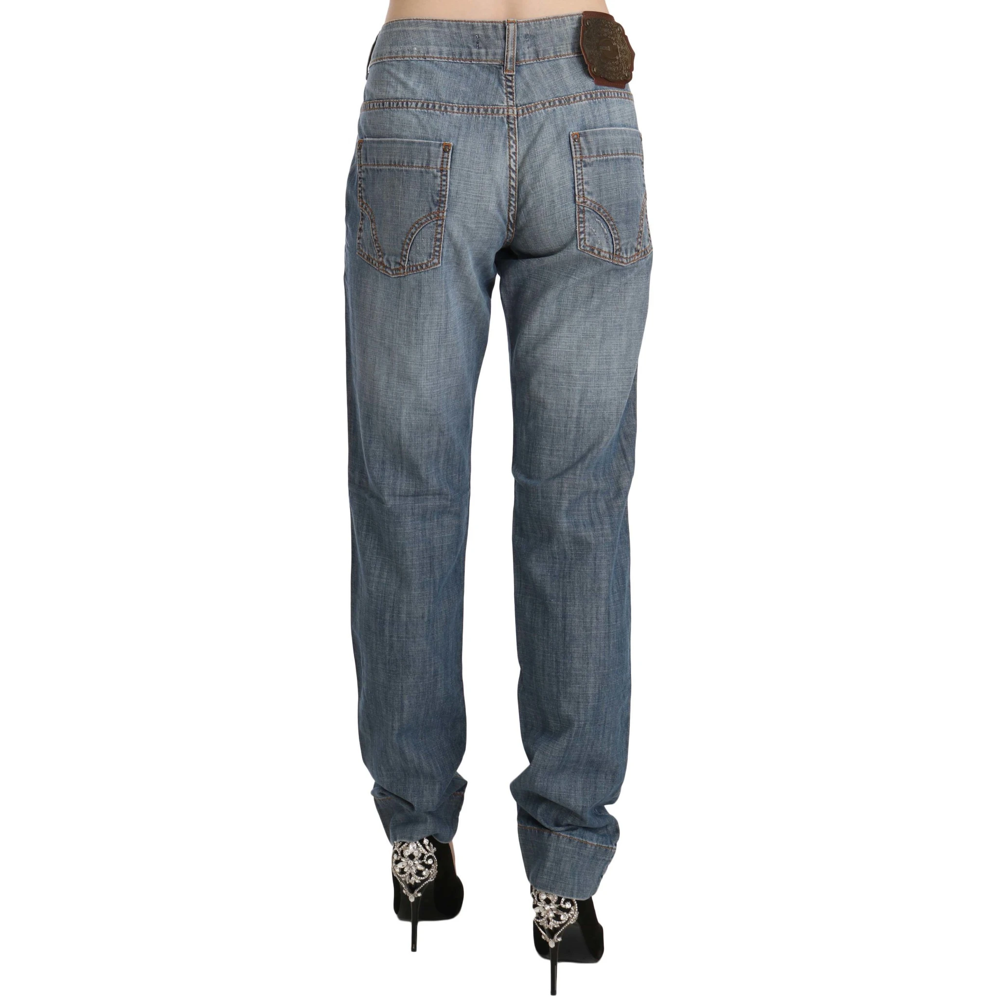 Blue Washed Cotton Low Waist Slim Fit Denim Pants