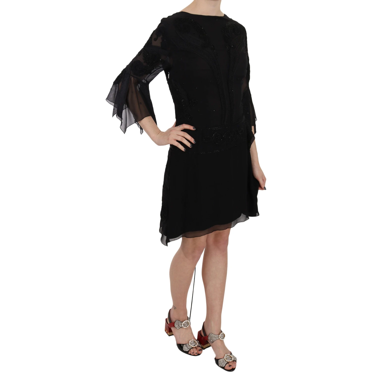 Black Sequined Silk Mini Shift Gown