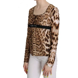 Brown Round Neck Leopard Women Top Blouse